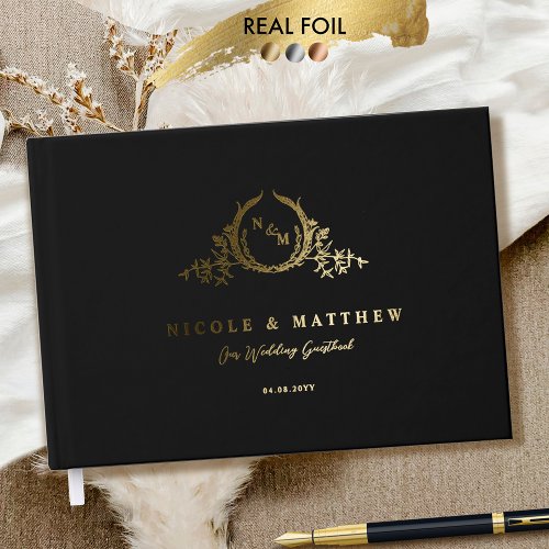 Elegant Black and Real Foil Monogram Wedding Foil Guest Book