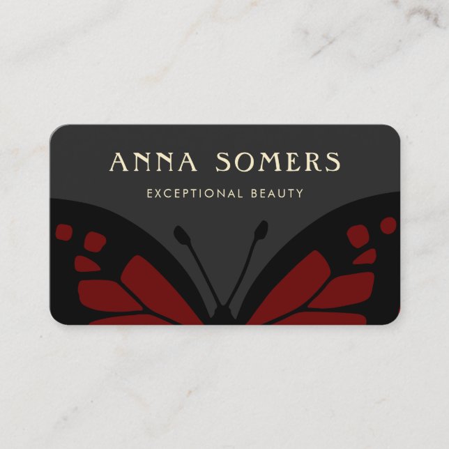 Elegant Black and Red Butterfly Business Card (Front)