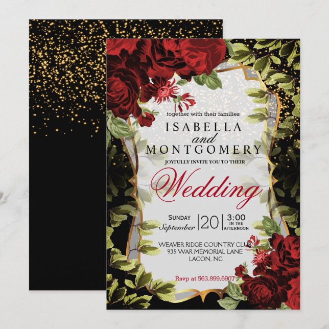 Elegant Black and Red Floral Wedding Invitation (Front/Back)