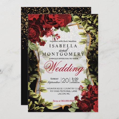 Elegant Black and Red Floral Wedding Invitation