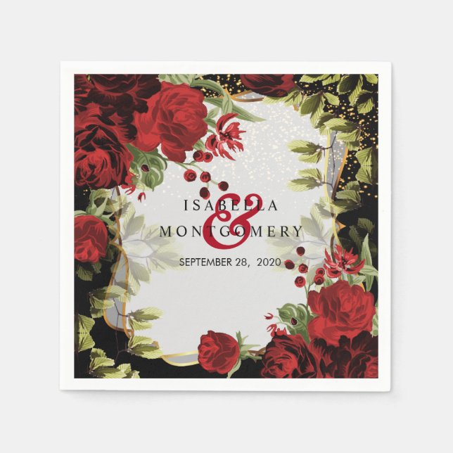 Elegant Black and Red Floral Wedding Napkins (Front)