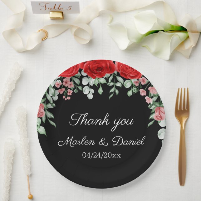 Elegant Black And Red Floral Wedding  Paper Plates (Wedding)