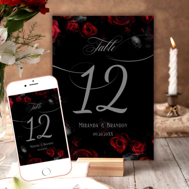 Elegant Black and Red Floral Wedding Table Number (Creator Uploaded)