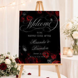 Elegant Black and Red Floral Wedding Welcome Sign
