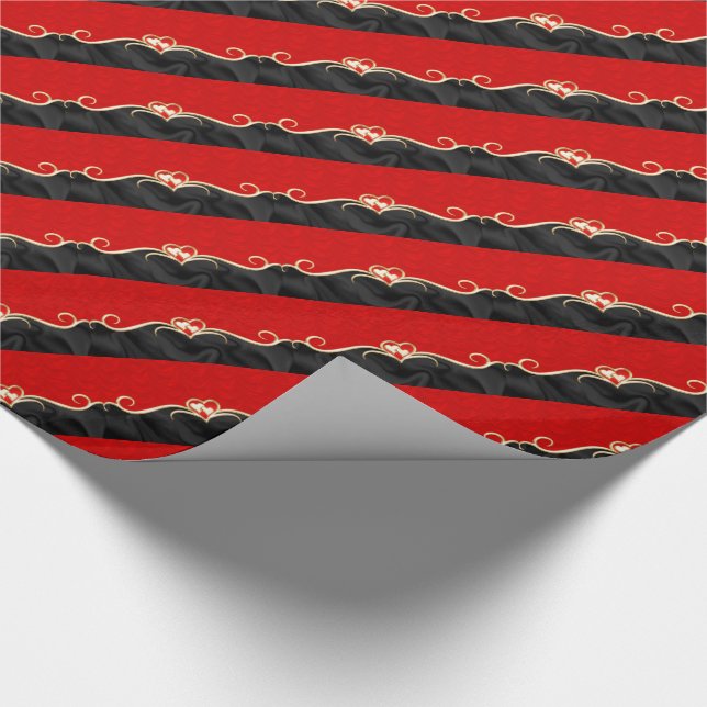 Elegant Black and Red Golden Hearts Romantic Wrapping Paper (Corner)