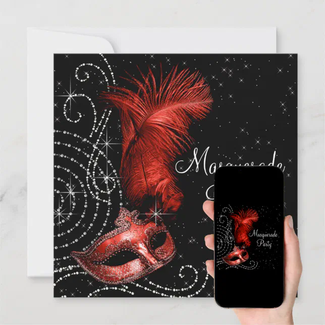 Elegant Black and Red Masquerade Party Invitation | Zazzle