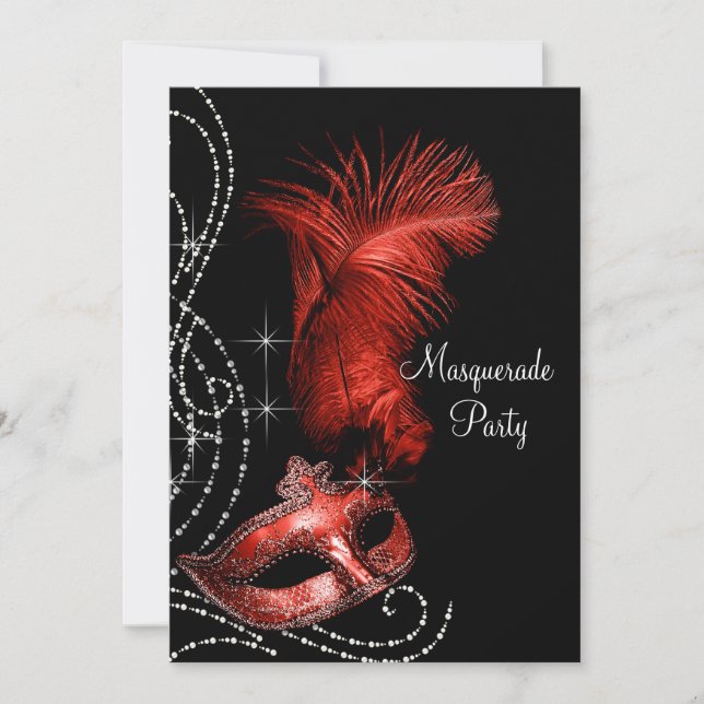 Elegant Black and Red Masquerade Party Invitation (Front)