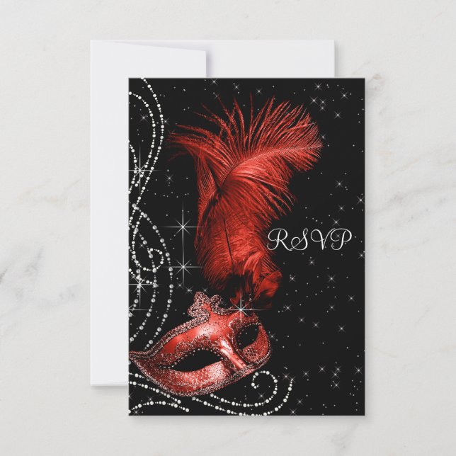 Elegant Black and Red Masquerade Party RSVP (Front)