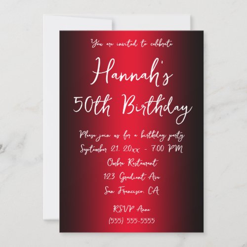 Elegant Black and Red Ombre 50th Birthday Invitation