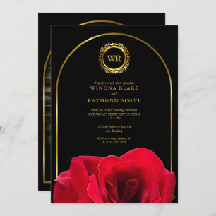 Elegant Black and Red Rose Gold Laurel Initials Invitation