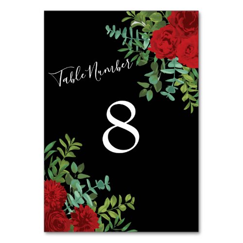 Elegant Black and Red Rose Wedding Table Number
