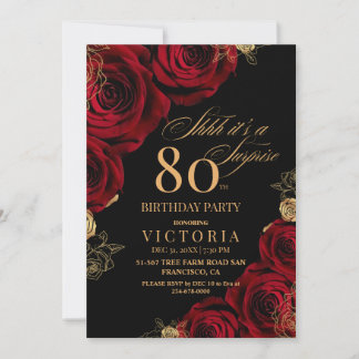 Elegant Black and Red Roses Floral 80th Birthday Invitation