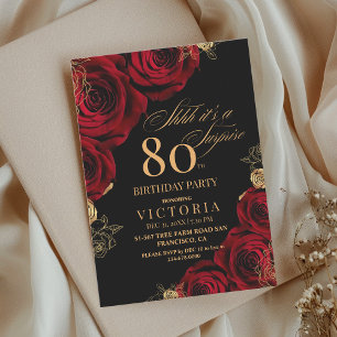 Elegant Black and Red Roses Floral 80th Birthday  Invitation