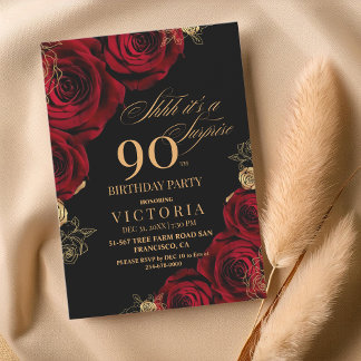 Elegant Black and Red Roses Floral 90th Birthday Invitation
