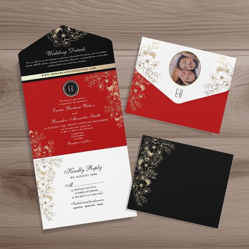 Elegant Black and Red Wedding All In One Invitation