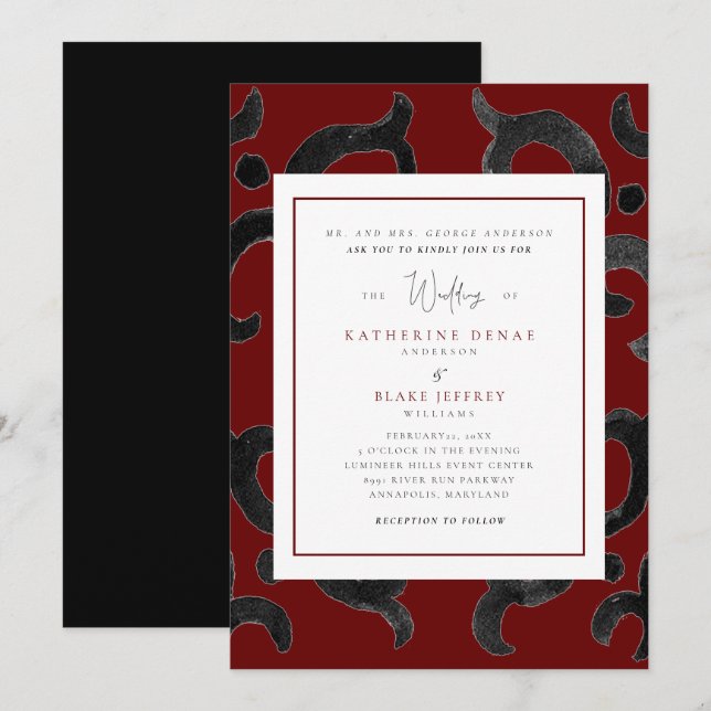 Elegant Black and Red Winter Wedding  Invitation (Front/Back)