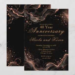 Elegant Black and Rose Alcohol Ink 40 Anniversary Invitation