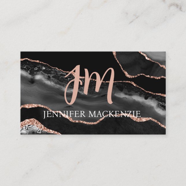 Elegant Black and Rose Gold Agate Luxury Business Card (Front)
