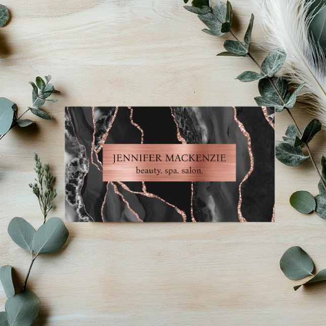 Elegant Black and Rose Gold Agate Luxury Business Card (Creator Uploaded)
