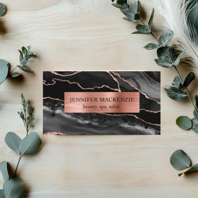 Elegant Black and Rose Gold Agate Luxury Business Card (Creator Uploaded)