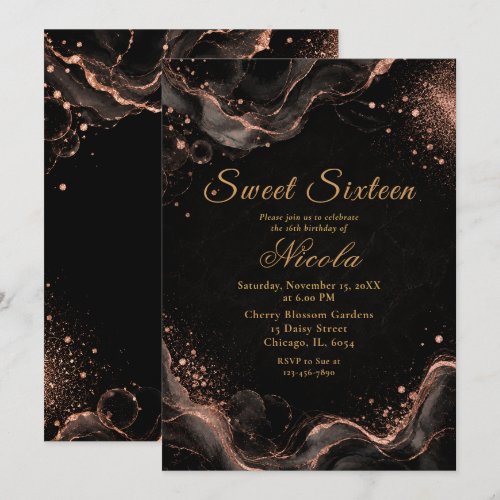 Elegant Black and Rose Gold Alcohol Sweet Sixteen Invitation