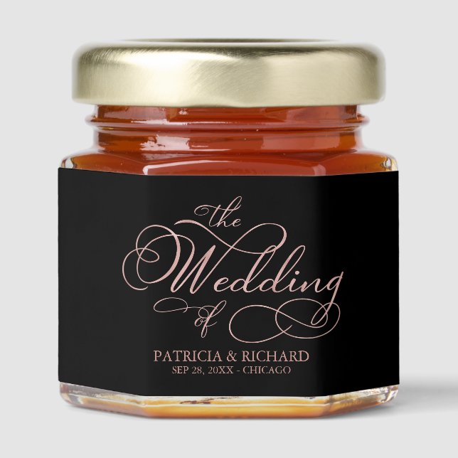 Elegant Black And Rose Gold Calligraphy Wedding Honey Jar Favors (Front)