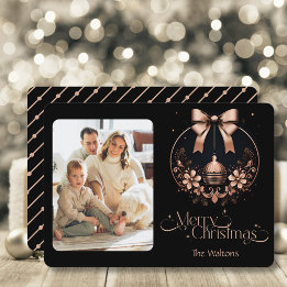 Elegant Black and Rose Gold Christmas Photo Holiday Card