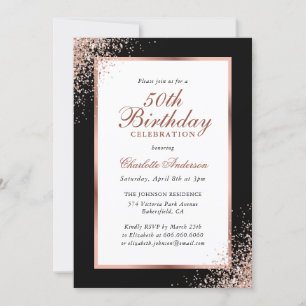 Elegant Black and Rose Gold Confetti 50th Birthday Invitation