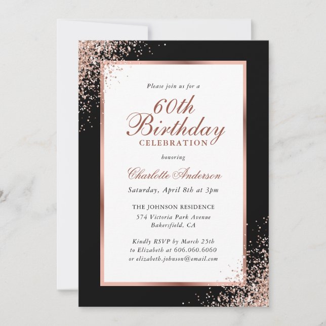 Elegant Black and Rose Gold Confetti 60th Birthday Invitation (Front)
