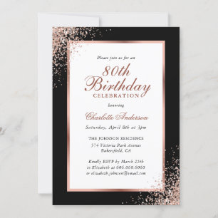 Elegant Black and Rose Gold Confetti 80th Birthday Invitation