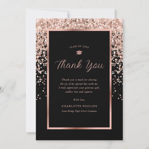 Elegant Black and Rose Gold Confetti Graduation Thank You Card