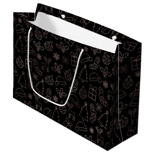 Elegant Black and Rose Gold Foil Christmas Pattern Large Gift Bag