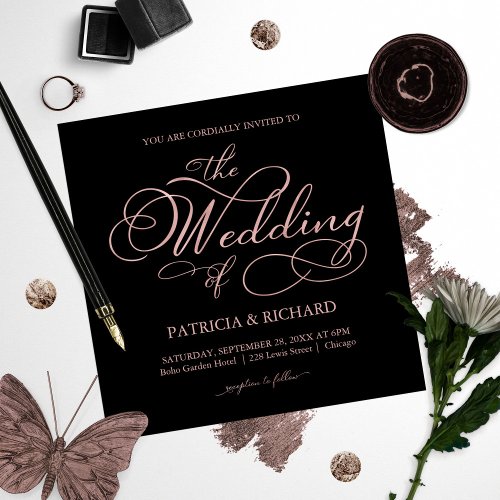 Elegant Black And Rose Gold Foil Script Wedding Invitation