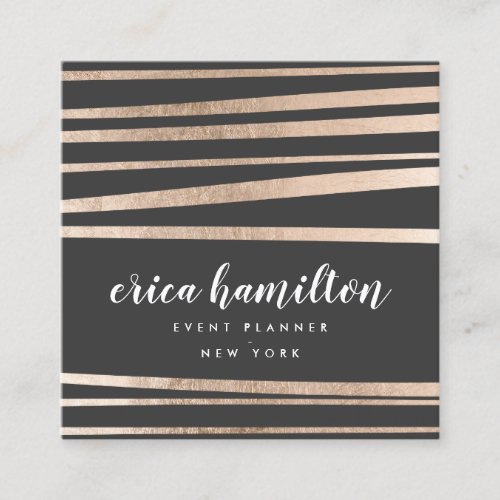 Elegant black and rose gold foil striped geometric square business card