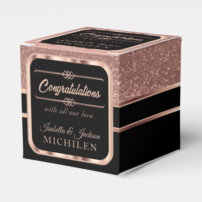 Elegant Black and Rose Gold Glitter Favor Boxes (Front Side)