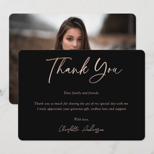 Elegant Black and Rose Gold Graduation Photo Thank You Card