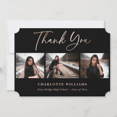 Elegant Black and Rose Gold Graduation Photo Thank You Card