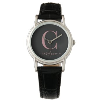 Elegant Black And Rose Gold Monogram Calligraphy Watch by CedarAndString at Zazzle