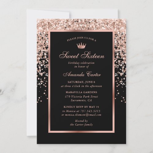 Elegant Black and Rose Gold Sweet 16 Birthday Invitation