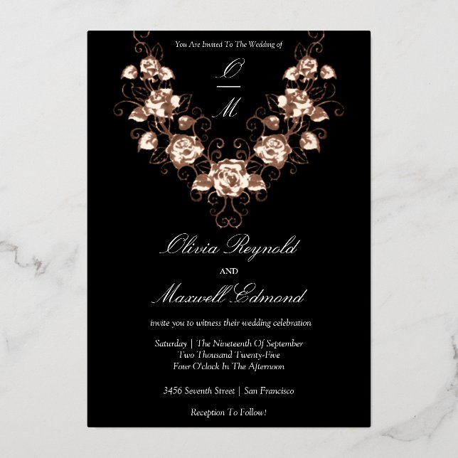 Elegant Black and Rose Gold Wedding  Foil Invitation (Front)