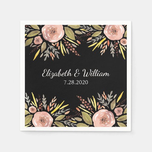 Elegant Black and Rose Watercolor Floral Wedding Paper Napkins