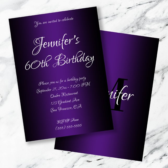 Elegant Black and Royal Purple Ombre 60th Birthday Invitation (Elegant Black and Royal Purple Ombre 60th Birthday Invitation)