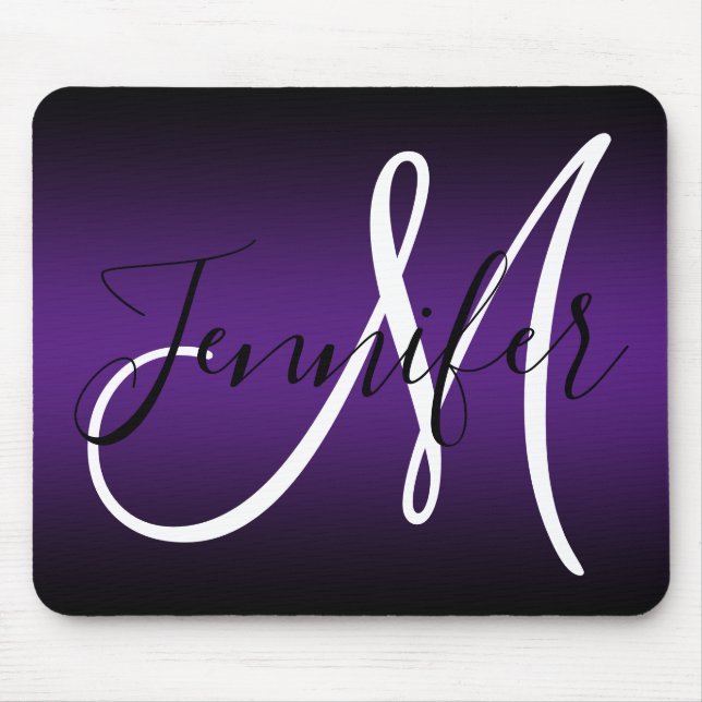 Elegant Black and Royal Purple Ombre Monogram Mouse Pad (Front)