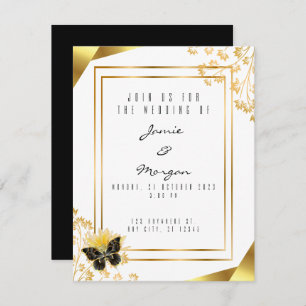 Elegant Black and Shiny Butterfly White Wedding Note Card