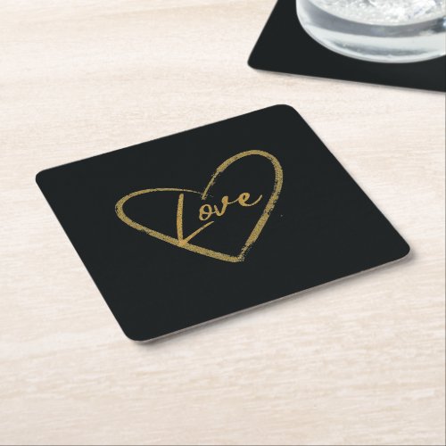Elegant Black and Shiny Gold Coppertone Love  Square Paper Coaster