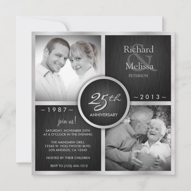 Elegant Black and Silver 25th Wedding Anniversary Invitation (Front)