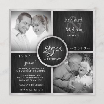 Elegant Black And Silver 25th Wedding Anniversary Invitation by weddingsNthings at Zazzle