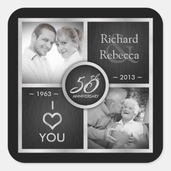 Elegant Black And Silver 50th Wedding Anniversary Square Sticker by weddingsNthings at Zazzle