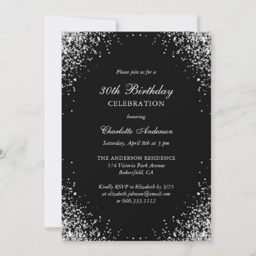Elegant Black and Silver Confetti 30th Birthday Invitation