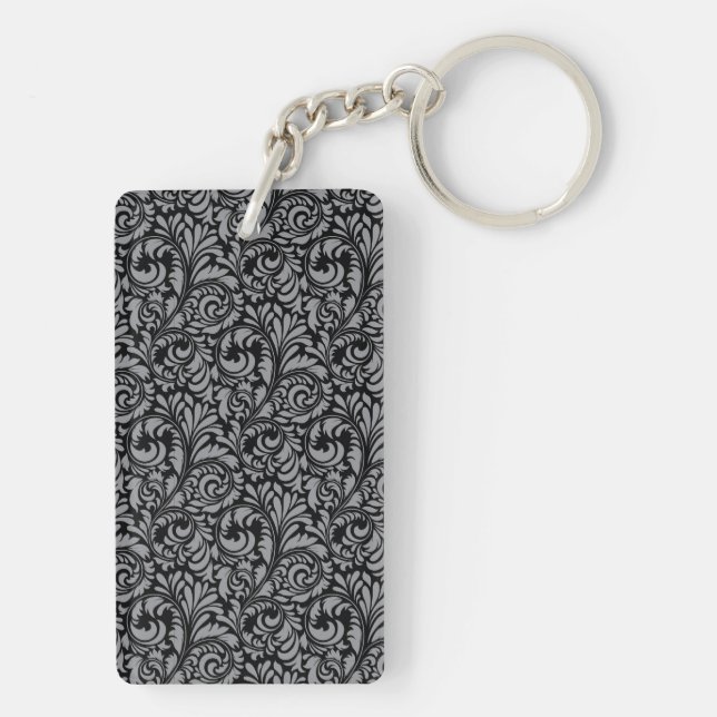Elegant Black and Silver Damask Floral Pattern Keychain (Back)